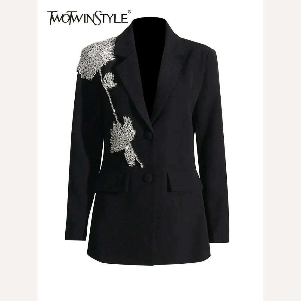 TWOTWINSTYLE Autumn Slim Blazers For Women Notched Collar Long Sleeve Patchwork Diamonds Chic Style Blazer Female Fashion 2023 - KIMLUD