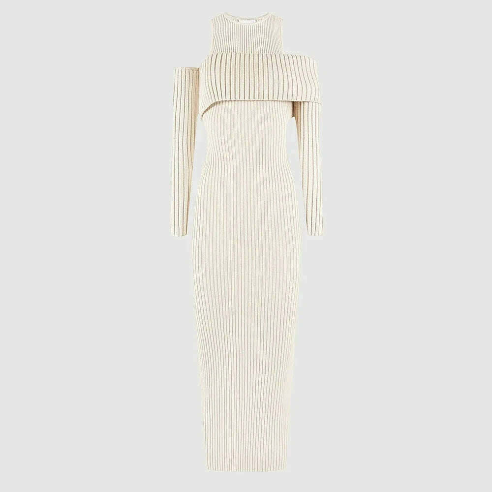 TWOTWINSTYLE Colorblock Slimming Knitting Dresses For Women Round Neck Long Sleeve High Waist Bodycon Dress Female Fashion 2023 - KIMLUD