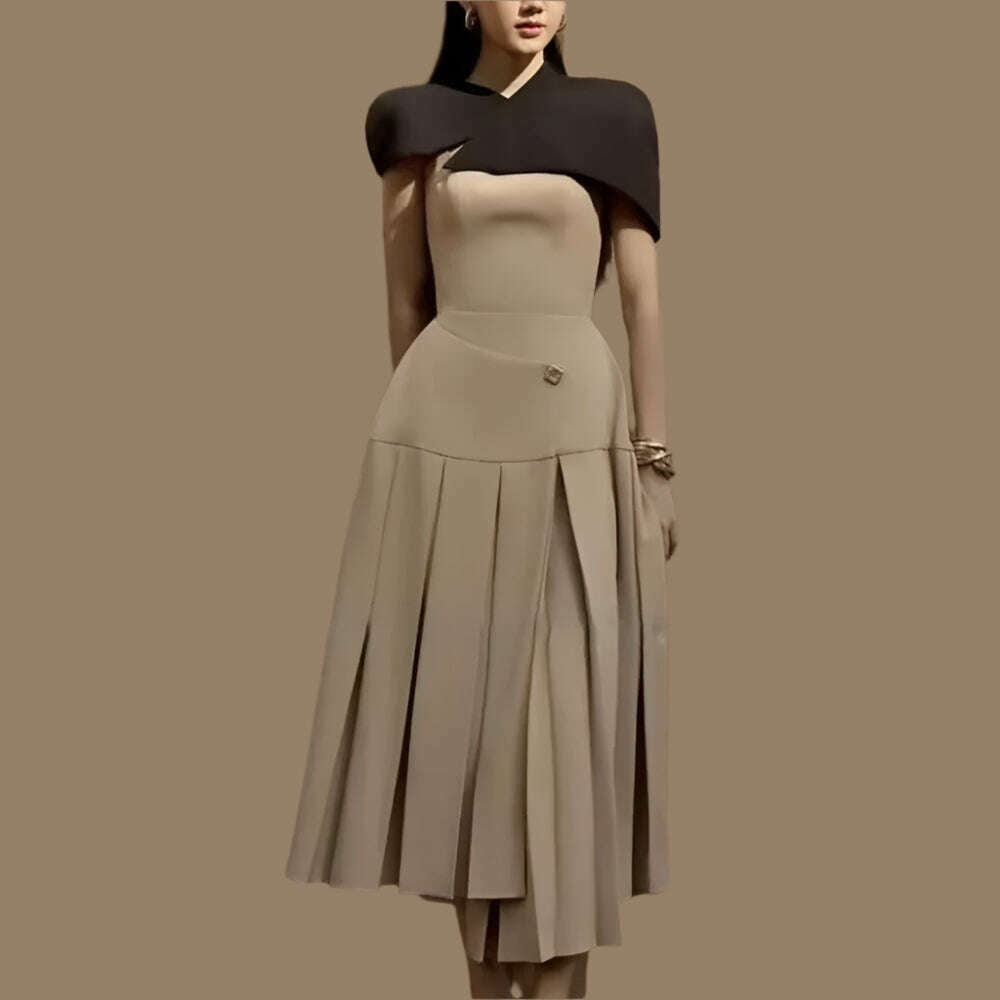 KIMLUD, TWOTWINSTYLE Detachable Cloak Dresses For Women Square Collar Sleeveless High Waist Hit Color Patchwork Folds Dress Female New, KIMLUD Womens Clothes