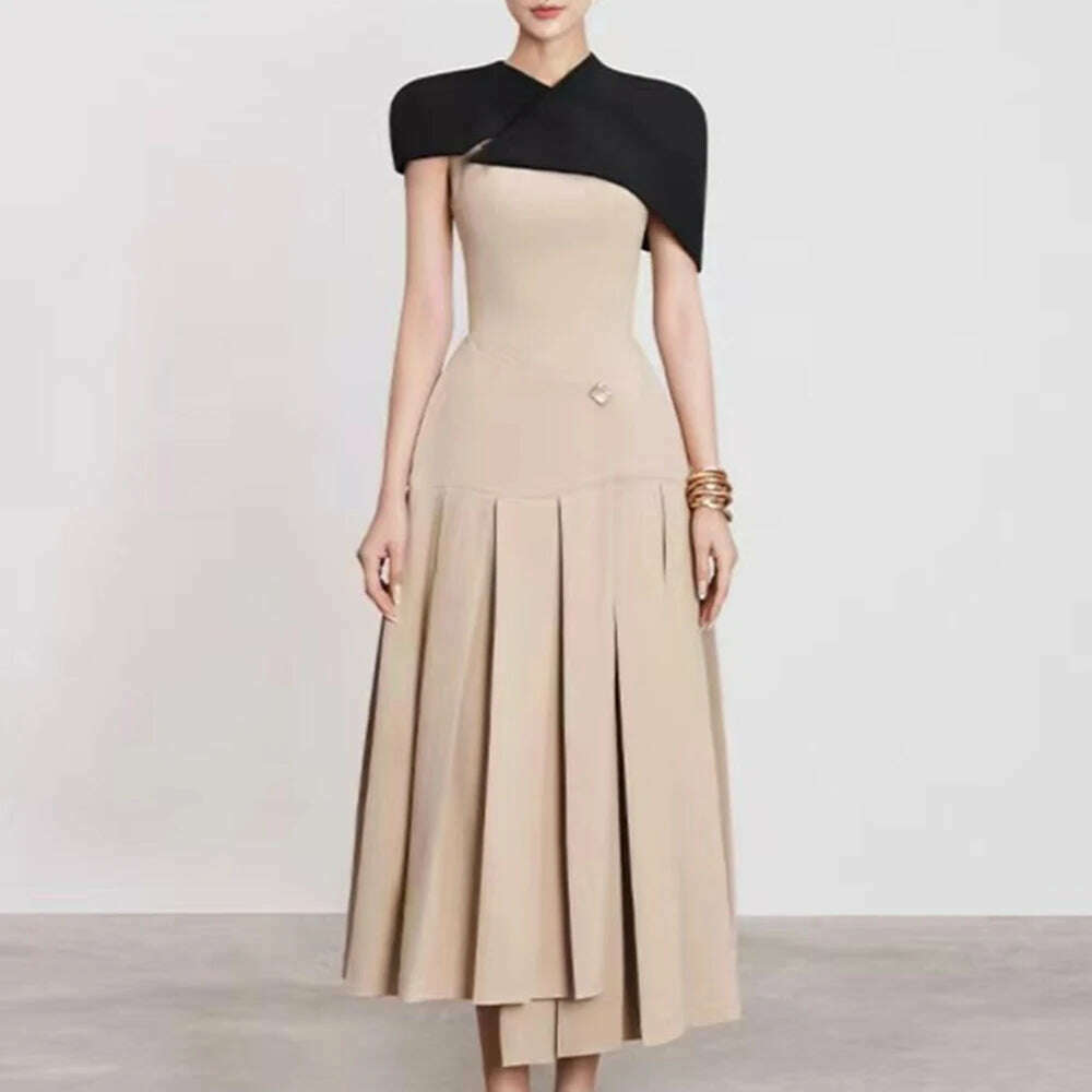 KIMLUD, TWOTWINSTYLE Detachable Cloak Dresses For Women Square Collar Sleeveless High Waist Hit Color Patchwork Folds Dress Female New, KIMLUD Womens Clothes