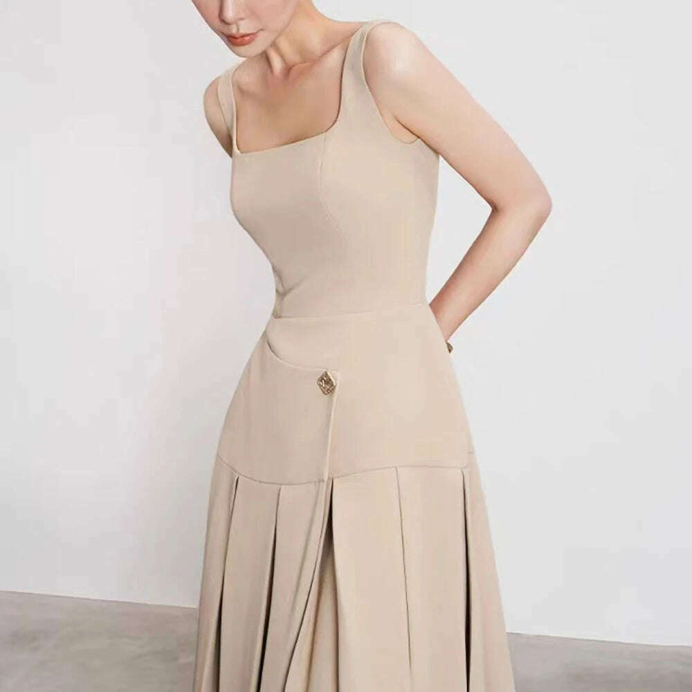 KIMLUD, TWOTWINSTYLE Detachable Cloak Dresses For Women Square Collar Sleeveless High Waist Hit Color Patchwork Folds Dress Female New, KIMLUD Womens Clothes