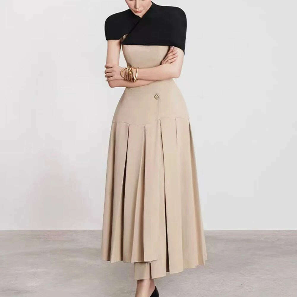 KIMLUD, TWOTWINSTYLE Detachable Cloak Dresses For Women Square Collar Sleeveless High Waist Hit Color Patchwork Folds Dress Female New, KIMLUD Womens Clothes