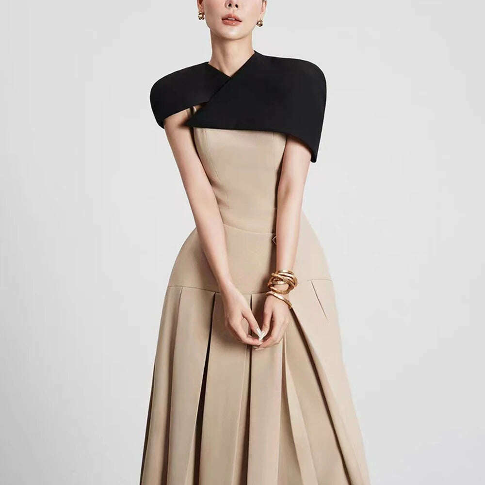 KIMLUD, TWOTWINSTYLE Detachable Cloak Dresses For Women Square Collar Sleeveless High Waist Hit Color Patchwork Folds Dress Female New, KIMLUD Womens Clothes