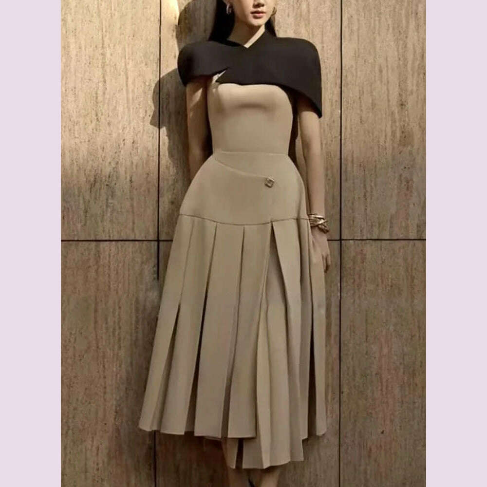 KIMLUD, TWOTWINSTYLE Detachable Cloak Dresses For Women Square Collar Sleeveless High Waist Hit Color Patchwork Folds Dress Female New, KHAKI / XL, KIMLUD APPAREL - Womens Clothes