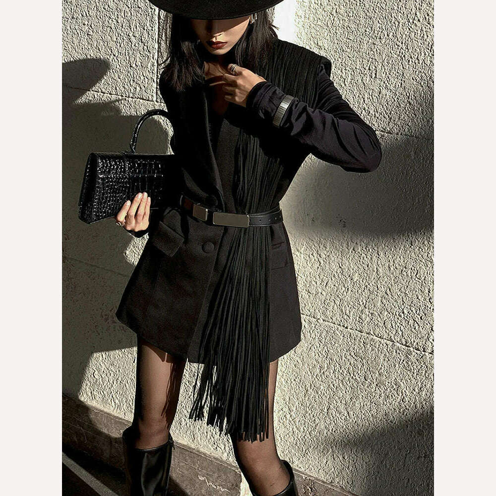 TWOTWINSTYLE Korean Fashion Black Patchwork Tassels Blazer For Women Notched Collar Long Sleeve Solid Blazers Female Spring 2023 - KIMLUD