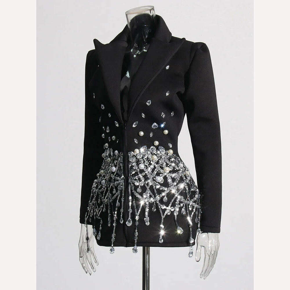 TWOTWINSTYLE Patchwork Diamonds Mini Dress For Women Lapel Long Sleeve High Waist Spliced Sequins Temperament Dresses Female New - KIMLUD