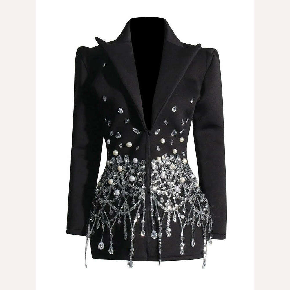 TWOTWINSTYLE Patchwork Diamonds Mini Dress For Women Lapel Long Sleeve High Waist Spliced Sequins Temperament Dresses Female New - KIMLUD