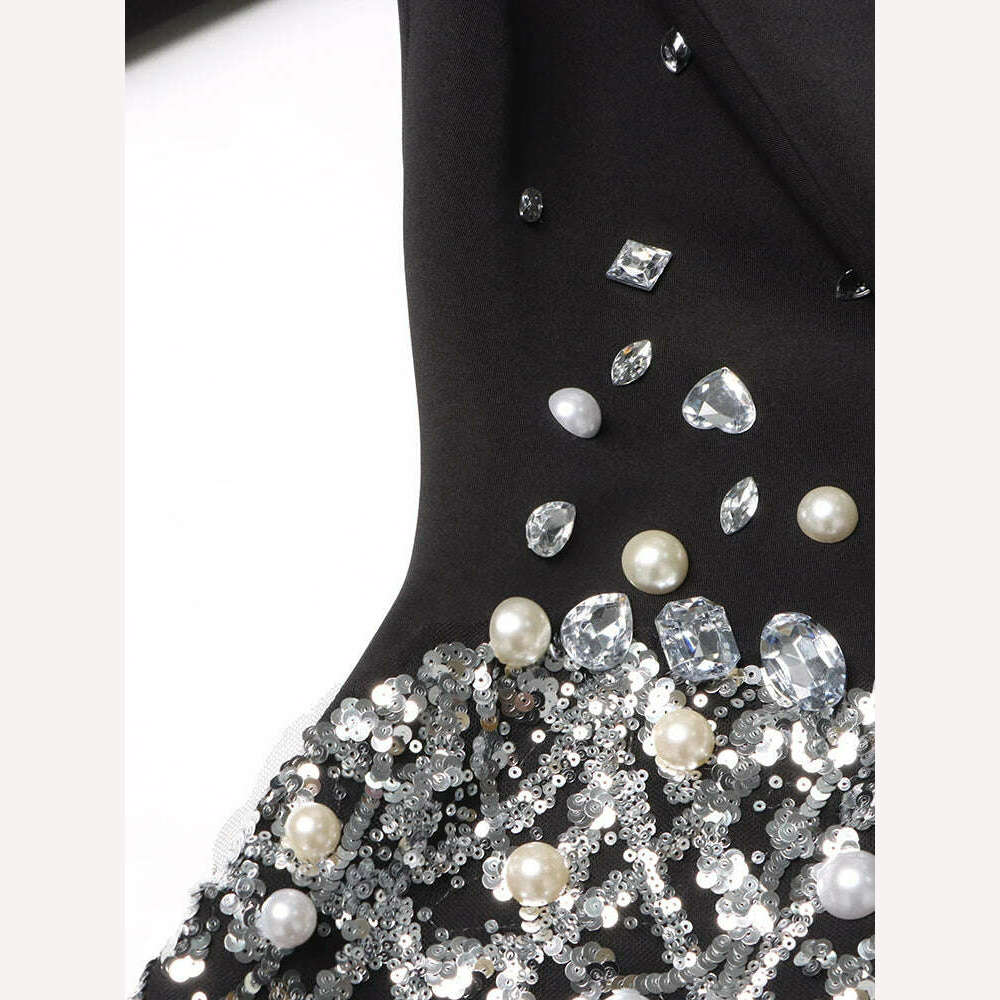 TWOTWINSTYLE Patchwork Diamonds Mini Dress For Women Lapel Long Sleeve High Waist Spliced Sequins Temperament Dresses Female New - KIMLUD