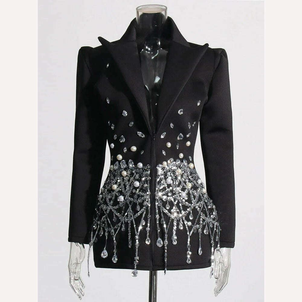 TWOTWINSTYLE Patchwork Diamonds Mini Dress For Women Lapel Long Sleeve High Waist Spliced Sequins Temperament Dresses Female New - KIMLUD