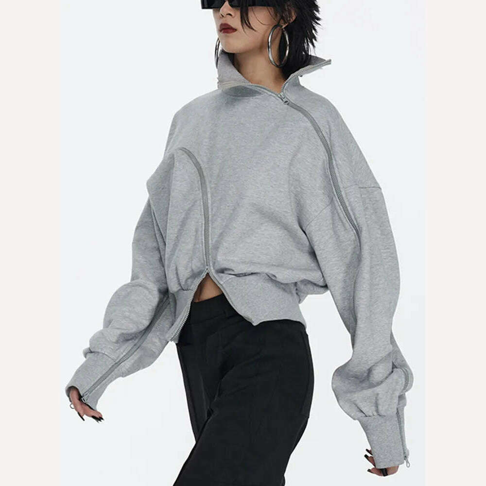 TWOTWINSTYLE Solid Patchwork Zipper Streetwear Sweatshirts For Women Tuntleneck Long Sleeve Pullover Sweatshirt Female Fahion - KIMLUD