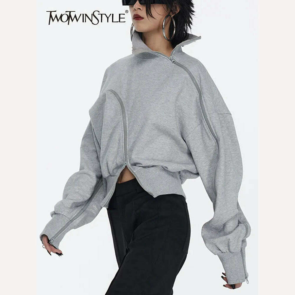 TWOTWINSTYLE Solid Patchwork Zipper Streetwear Sweatshirts For Women Tuntleneck Long Sleeve Pullover Sweatshirt Female Fahion - KIMLUD