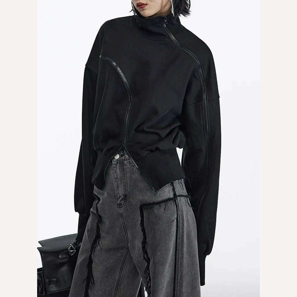TWOTWINSTYLE Solid Patchwork Zipper Streetwear Sweatshirts For Women Tuntleneck Long Sleeve Pullover Sweatshirt Female Fahion - KIMLUD