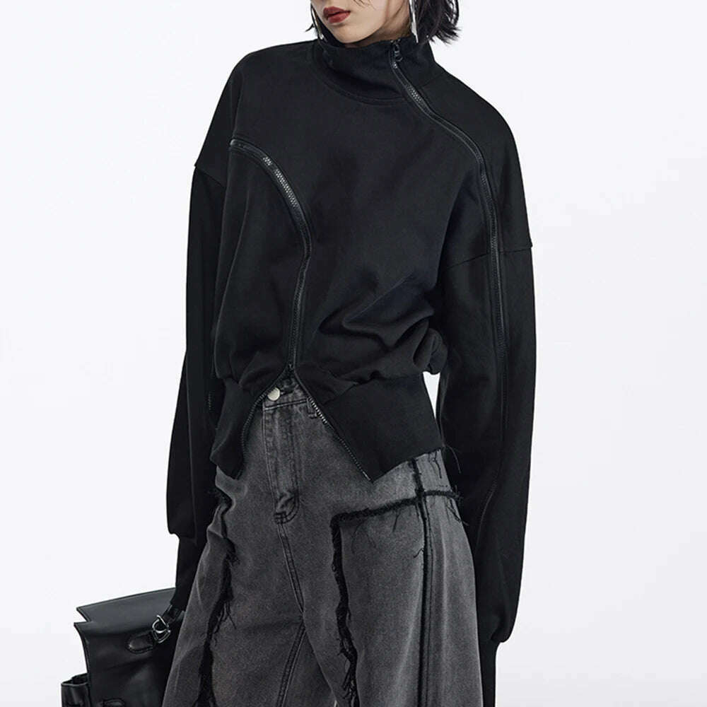 TWOTWINSTYLE Solid Patchwork Zipper Streetwear Sweatshirts For Women Tuntleneck Long Sleeve Pullover Sweatshirt Female Fahion - KIMLUD