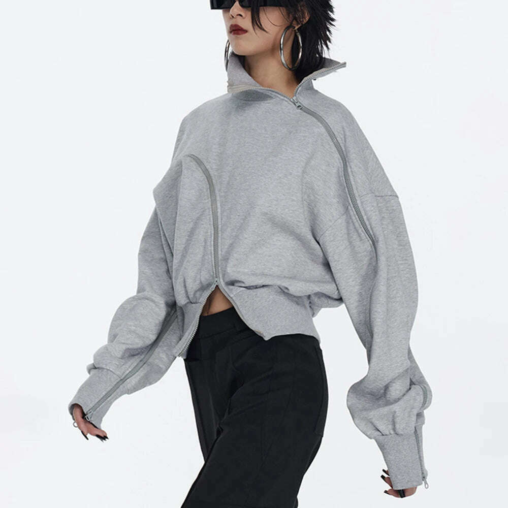 TWOTWINSTYLE Solid Patchwork Zipper Streetwear Sweatshirts For Women Tuntleneck Long Sleeve Pullover Sweatshirt Female Fahion - KIMLUD