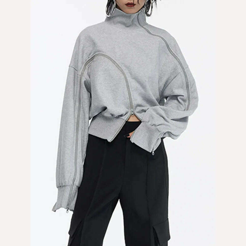 TWOTWINSTYLE Solid Patchwork Zipper Streetwear Sweatshirts For Women Tuntleneck Long Sleeve Pullover Sweatshirt Female Fahion - KIMLUD
