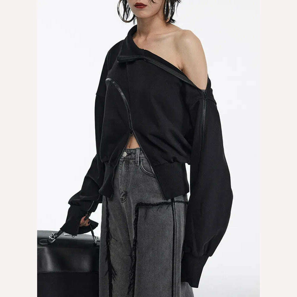 TWOTWINSTYLE Solid Patchwork Zipper Streetwear Sweatshirts For Women Tuntleneck Long Sleeve Pullover Sweatshirt Female Fahion - KIMLUD