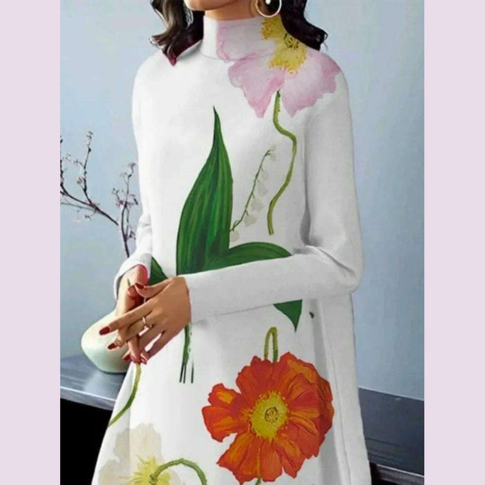 UOOZEE Women British Style High Neck Evening Midi Dresses 2025 New Autumn Flower Printed Long Sleeves Elegant A-line Dress - KIMLUD