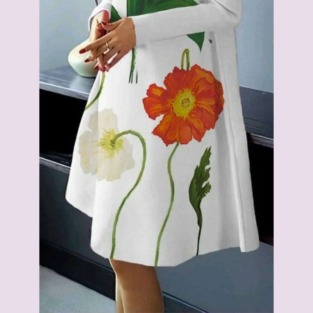 UOOZEE Women British Style High Neck Evening Midi Dresses 2025 New Autumn Flower Printed Long Sleeves Elegant A-line Dress - KIMLUD