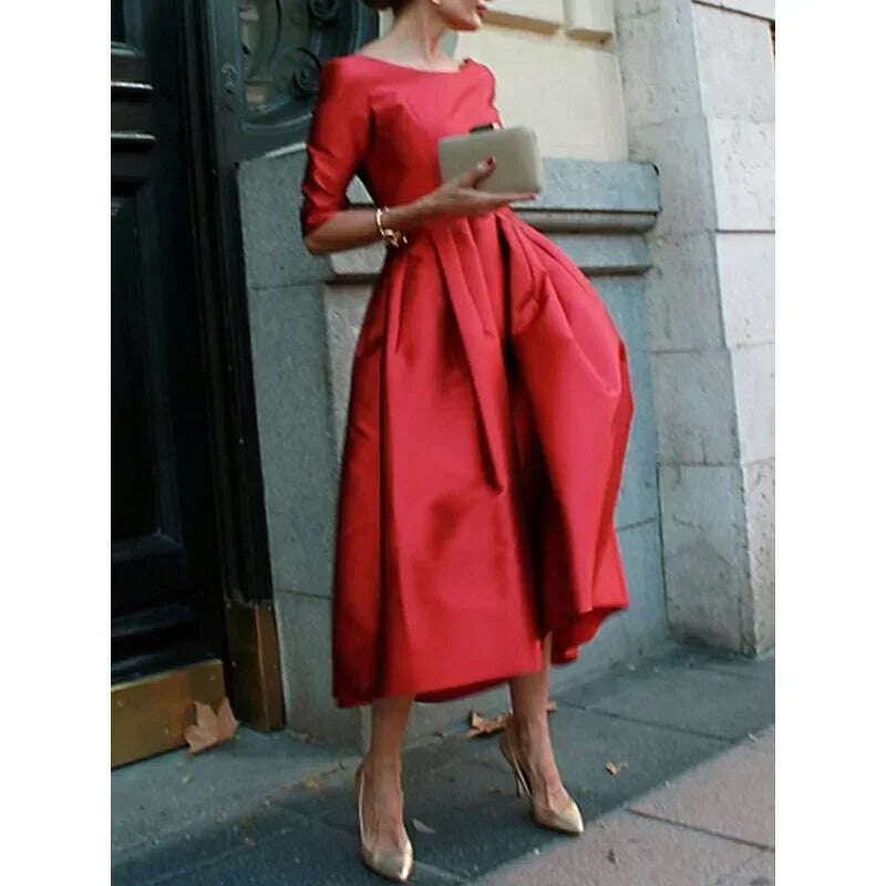 KIMLUD, UOOZEE Women's Elegant Banquet Evening Midi Dresses 2024 New Autumn Half Sleeves Pleated Solid Color Party A-Line Dress, KIMLUD Womens Clothes