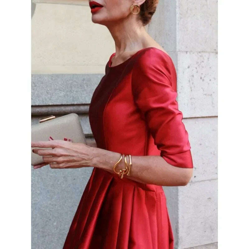 KIMLUD, UOOZEE Women's Elegant Banquet Evening Midi Dresses 2024 New Autumn Half Sleeves Pleated Solid Color Party A-Line Dress, KIMLUD Womens Clothes