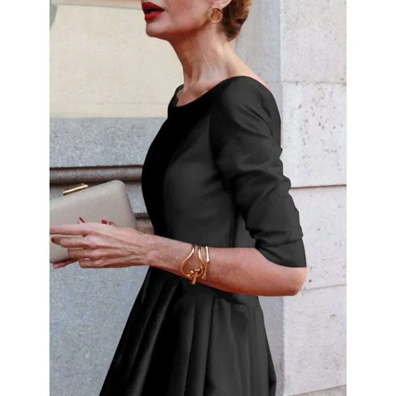 KIMLUD, UOOZEE Women's Elegant Banquet Evening Midi Dresses 2024 New Autumn Half Sleeves Pleated Solid Color Party A-Line Dress, KIMLUD Womens Clothes