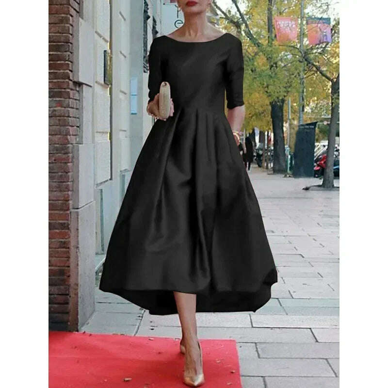 KIMLUD, UOOZEE Women's Elegant Banquet Evening Midi Dresses 2024 New Autumn Half Sleeves Pleated Solid Color Party A-Line Dress, KIMLUD Womens Clothes