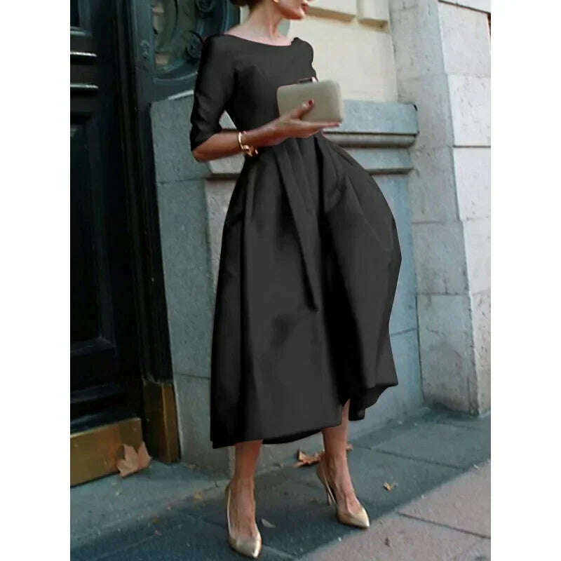 KIMLUD, UOOZEE Women's Elegant Banquet Evening Midi Dresses 2024 New Autumn Half Sleeves Pleated Solid Color Party A-Line Dress, KIMLUD Womens Clothes