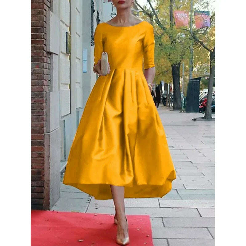KIMLUD, UOOZEE Women's Elegant Banquet Evening Midi Dresses 2024 New Autumn Half Sleeves Pleated Solid Color Party A-Line Dress, YELLOW / L, KIMLUD APPAREL - Womens Clothes