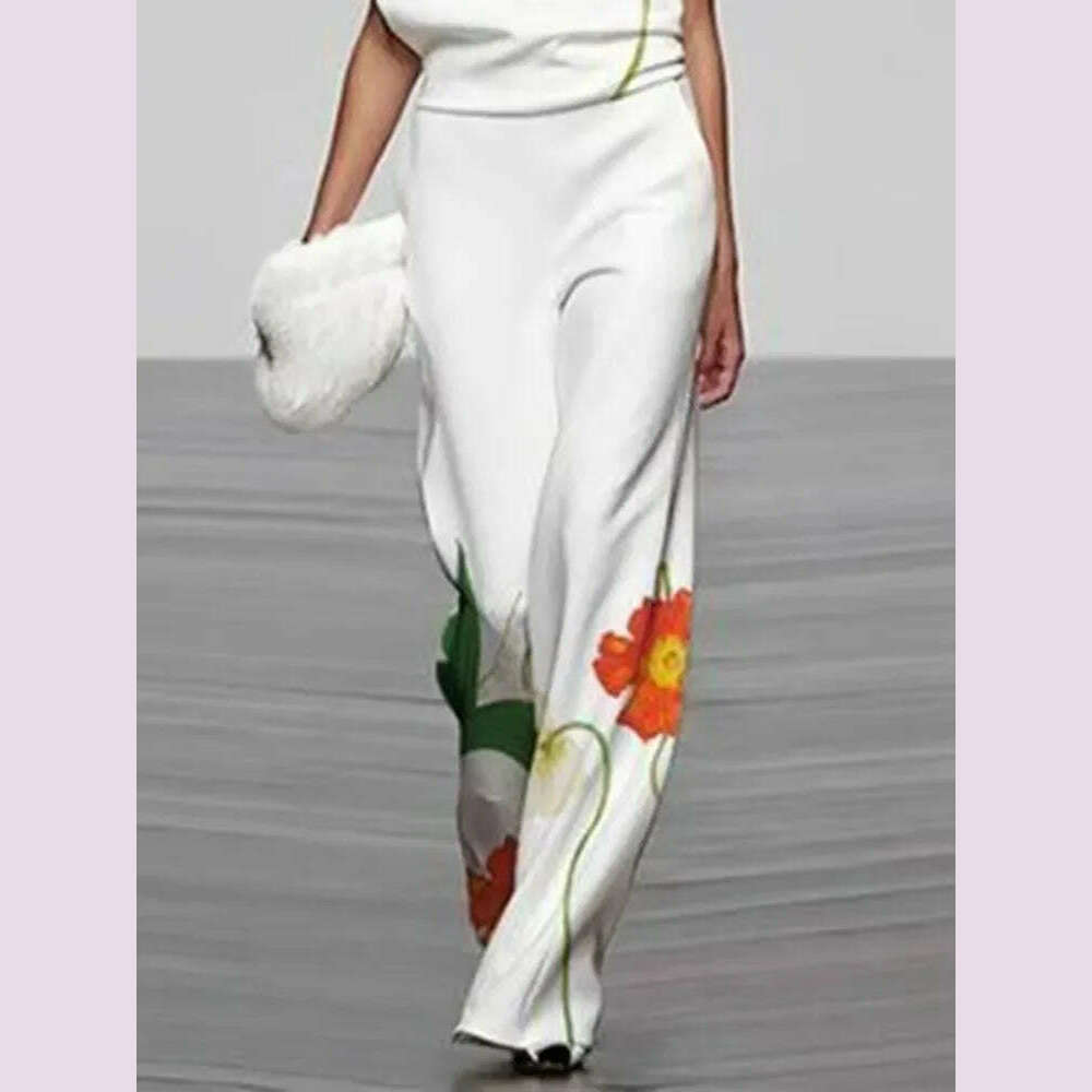 KIMLUD, UOOZEE Women's Fashion Floral Printed Sleeveless High Neck Vest Tops & Elastic High Waisted Loose Straight Leg Pants 2024 New, KIMLUD Womens Clothes