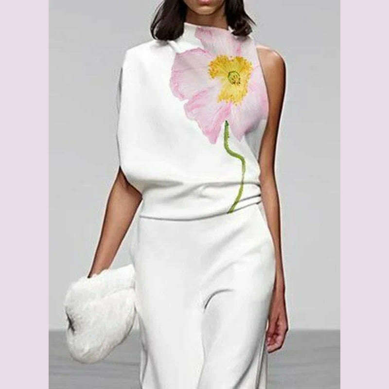 KIMLUD, UOOZEE Women's Fashion Floral Printed Sleeveless High Neck Vest Tops & Elastic High Waisted Loose Straight Leg Pants 2024 New, KIMLUD Womens Clothes