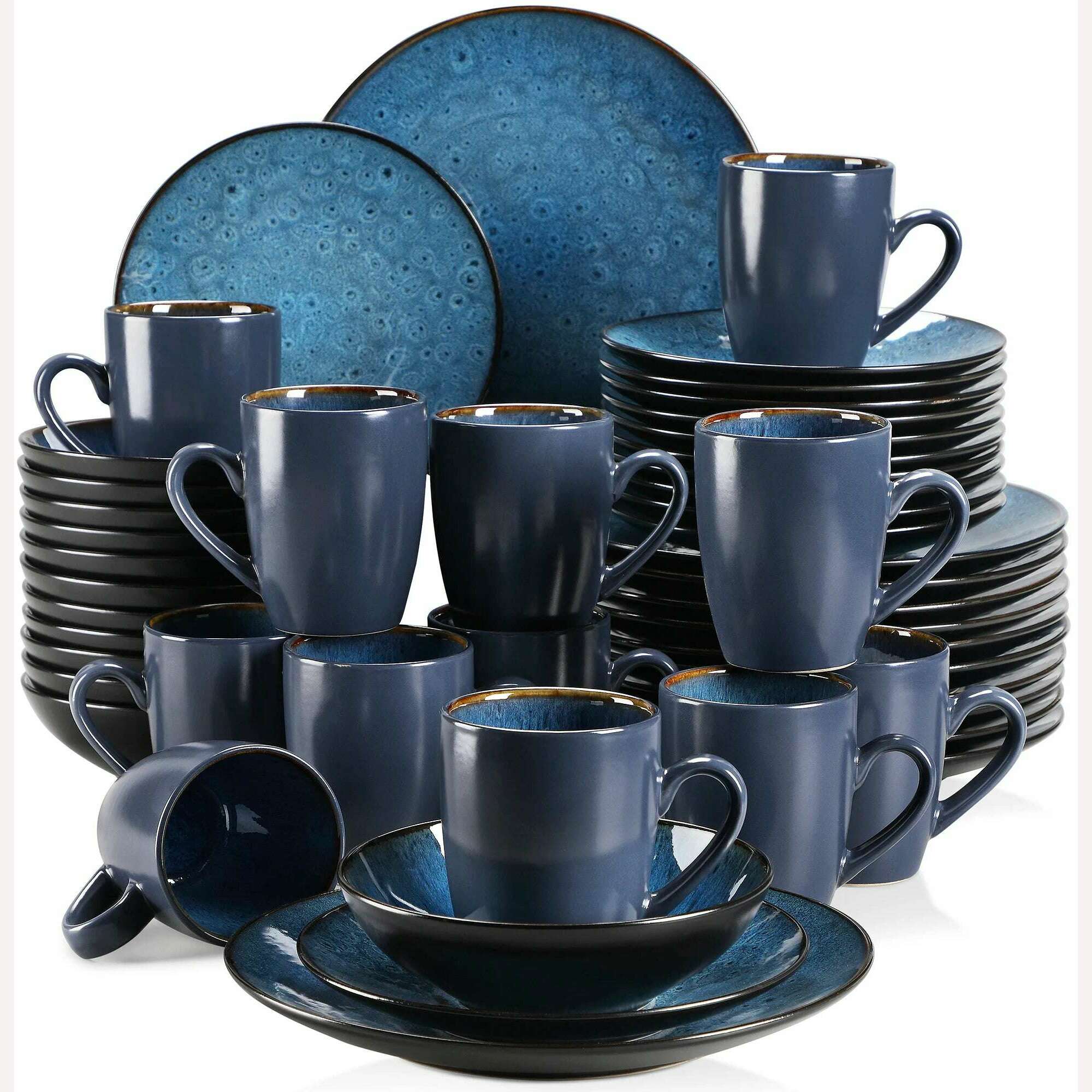 KIMLUD, VANCASSO BUBBLE 16/32/48-Piece Tableware Set Vintage Ceramic Blue/Brown Stoneware Set with Dinner&Dessert Plate,Bowl,Coffee Cups, Blue-48-Piece / United States, KIMLUD Womens Clothes