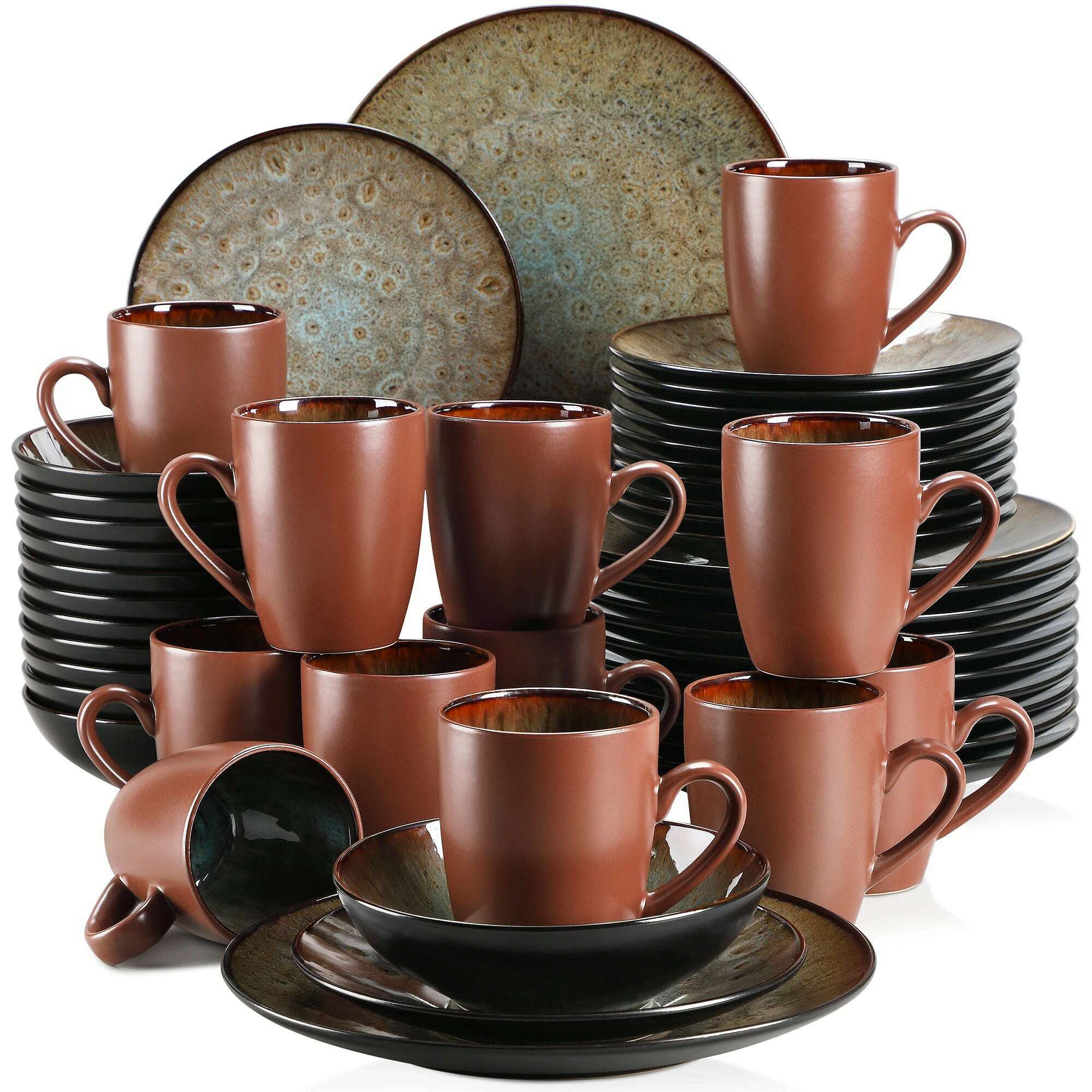 KIMLUD, VANCASSO BUBBLE 16/32/48-Piece Tableware Set Vintage Ceramic Blue/Brown Stoneware Set with Dinner&Dessert Plate,Bowl,Coffee Cups, Brown-48-Piece / GERMANY, KIMLUD Womens Clothes