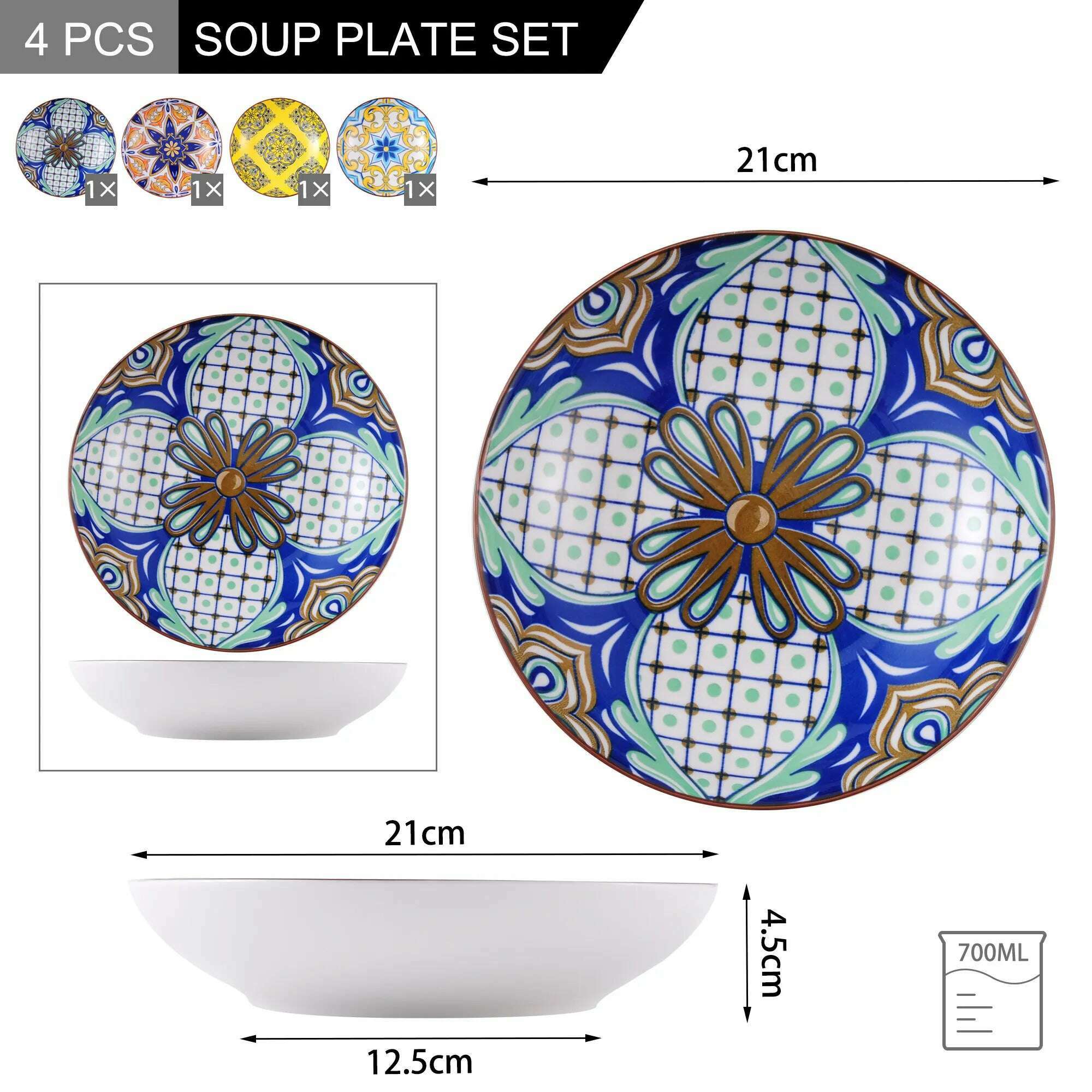 KIMLUD, Vancasso JASMIN 4/8/12 Piece Porcelain Soup Plate Set Aladin Style 21cm 700ml Soup Plate Bowl  Service for 4/8/12 Person, KIMLUD Womens Clothes