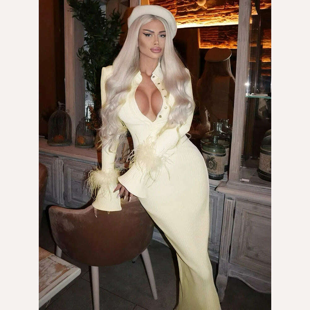 VC Light Yellow Maxi Dress Women Elegant Bodycon Bandage Long Sleeve Feather Design Party Dress Vestidos - KIMLUD