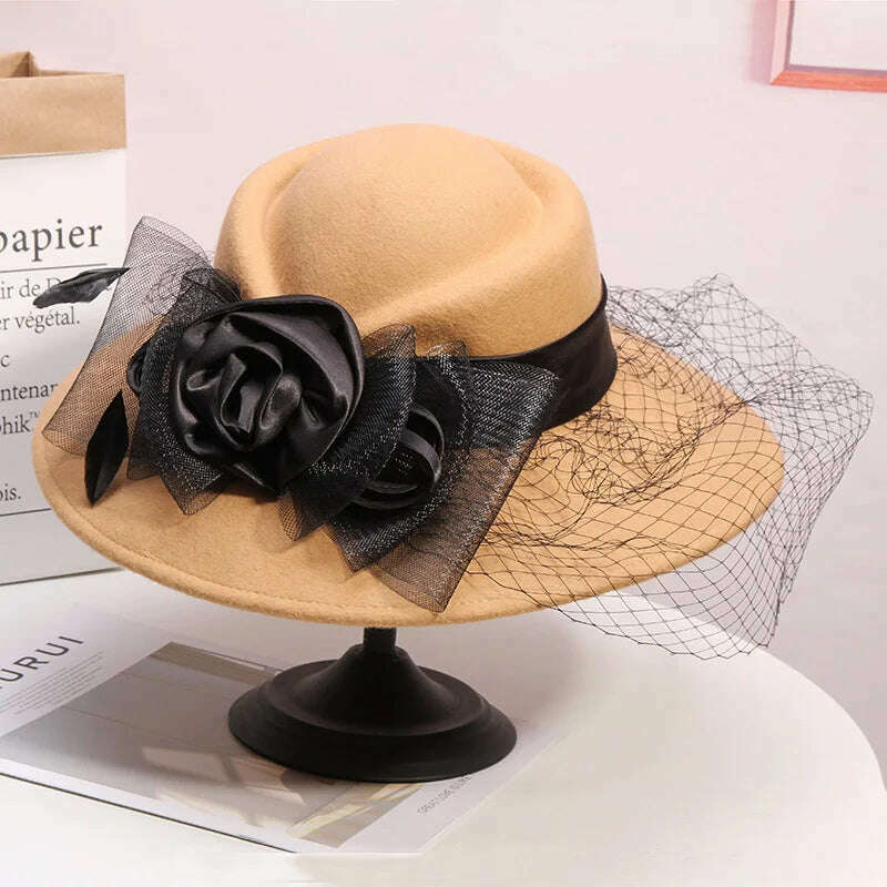 Veil Black Women Winter Fedora 100% Australian Wool Cloche Hats Female Wide Brim Felt Hat Ladies Bowknot For Church Caps 56-58cm - KIMLUD