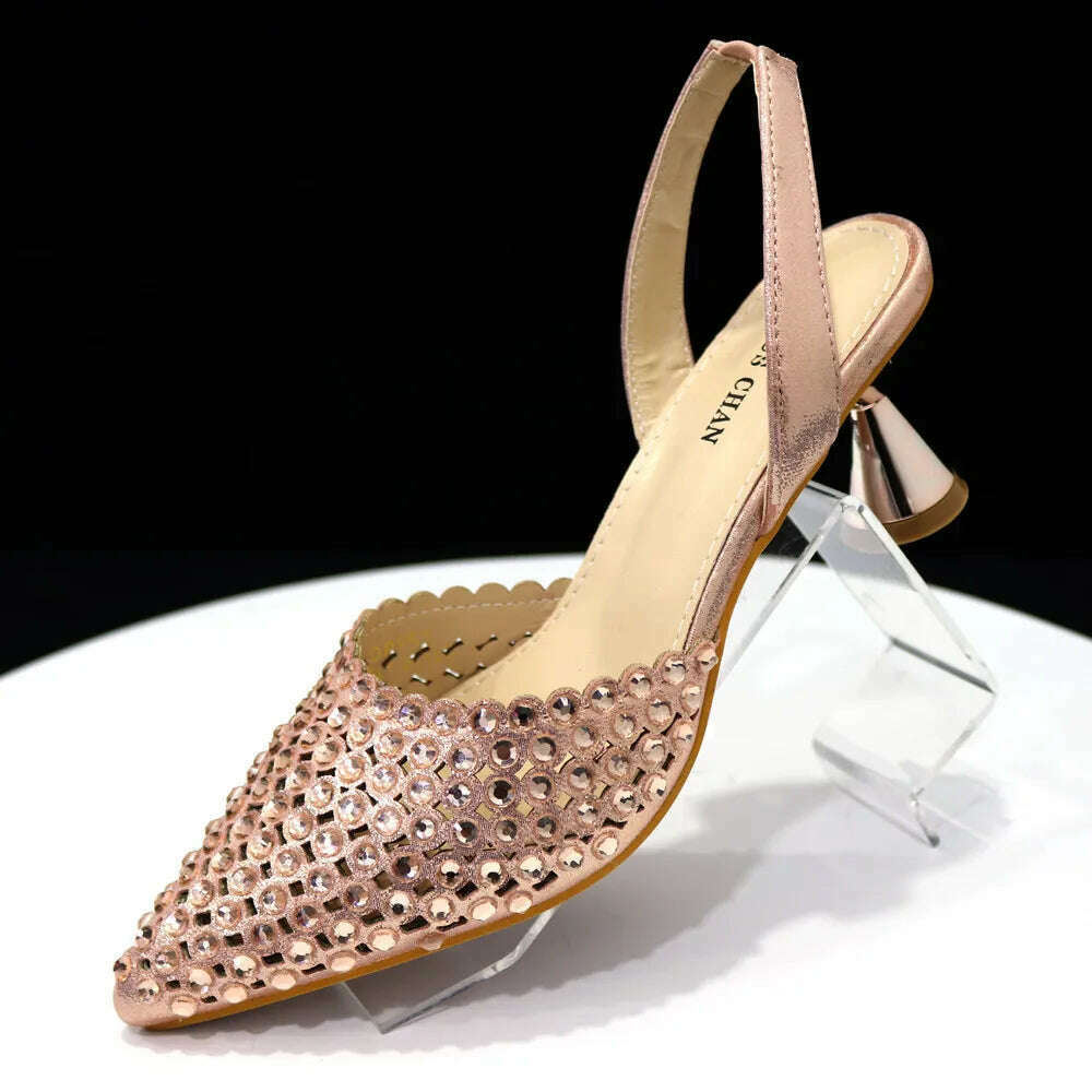 Venus Chan High Heels for Lady 2023 Luxury Designer Green Color Full Diamond Pointed Toe Wedding Shoe and Bag Set for Party - KIMLUD