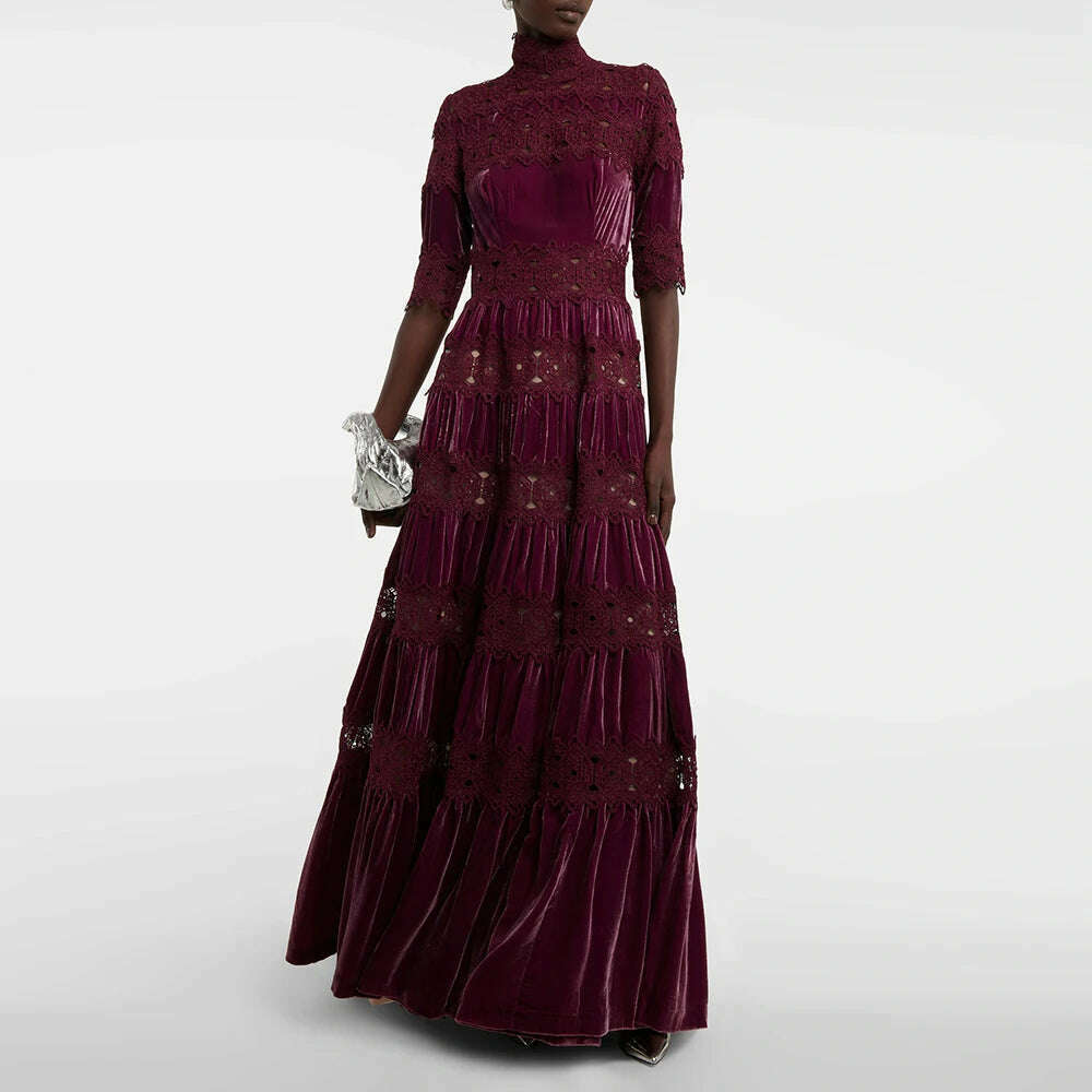 VGH Hollow Out Embroidery Elegant Dresses For Women Turtleneck Half Sleeve High Waist Spliced Tiered Lace Vintage Dress Female - KIMLUD