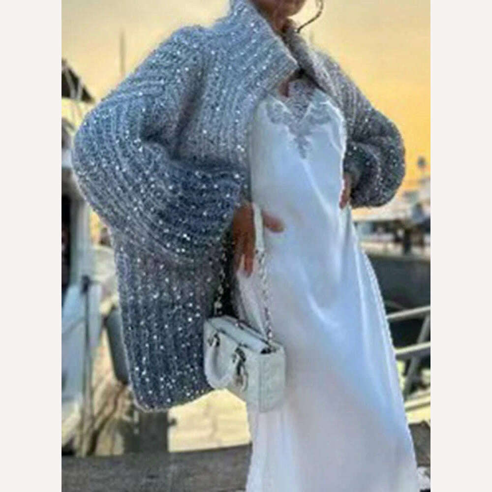 VGH Patchwork Sequins Casual Knitting Sweaters For Women Stand Collar Lantern Sleeve Spliced Zipper Minimalist Cardigan Female - KIMLUD
