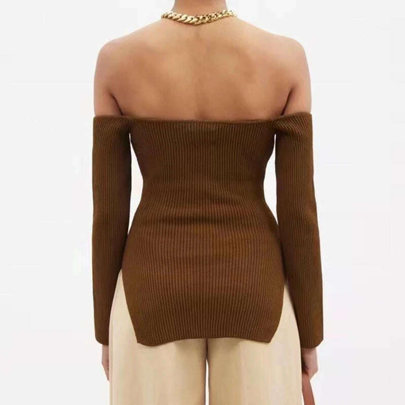 VGH Plain Slim Long Sleeve Slash Neck Knitting Sweaters For Women Casual Off Shoulder Pullovers Female 2022 Spring Clothing New - KIMLUD