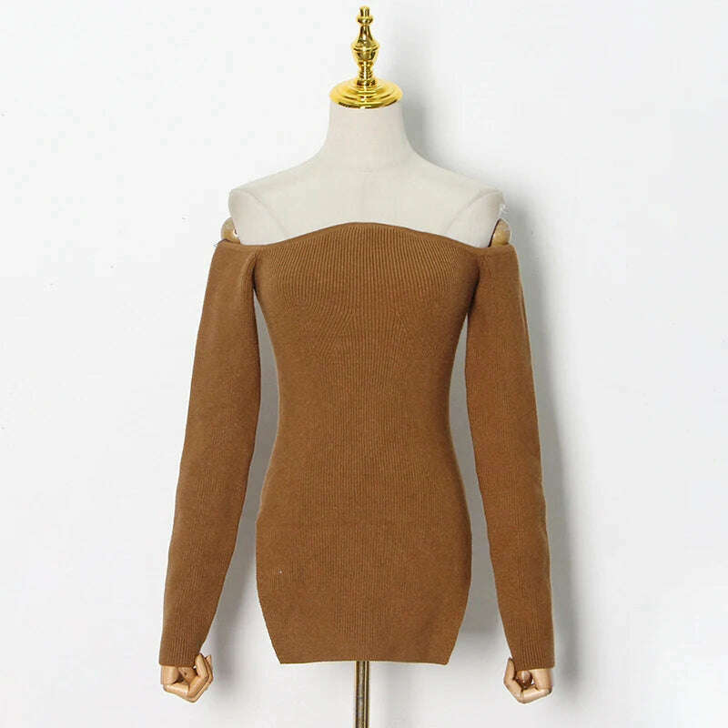 VGH Plain Slim Long Sleeve Slash Neck Knitting Sweaters For Women Casual Off Shoulder Pullovers Female 2022 Spring Clothing New - KIMLUD