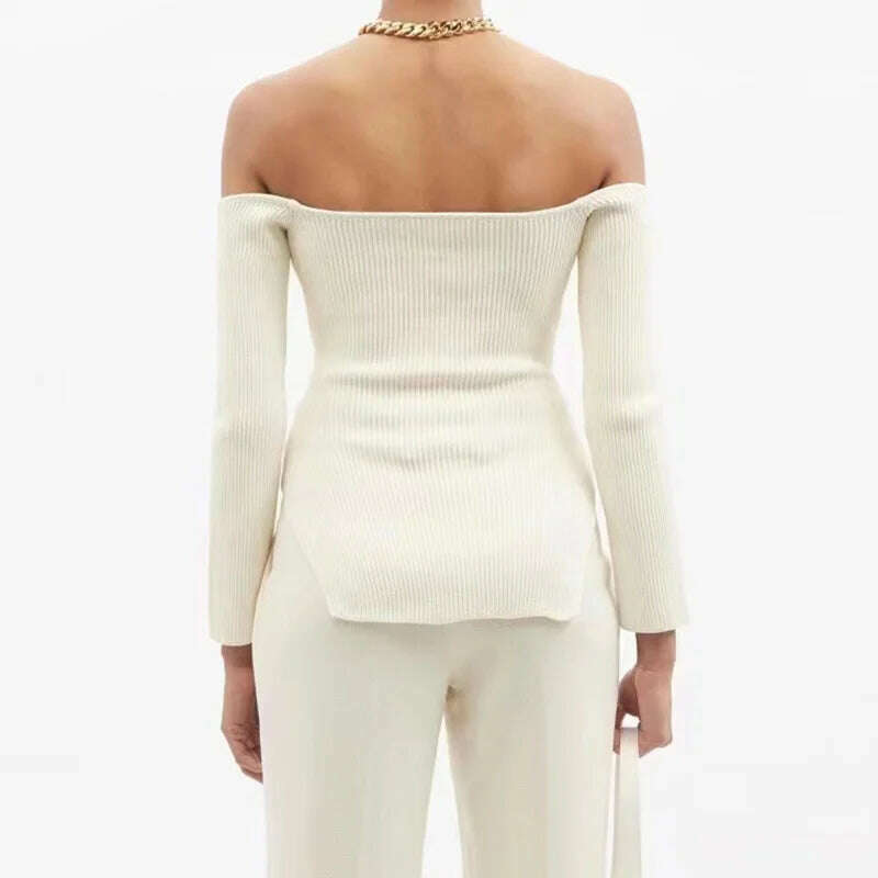 VGH Plain Slim Long Sleeve Slash Neck Knitting Sweaters For Women Casual Off Shoulder Pullovers Female 2022 Spring Clothing New - KIMLUD