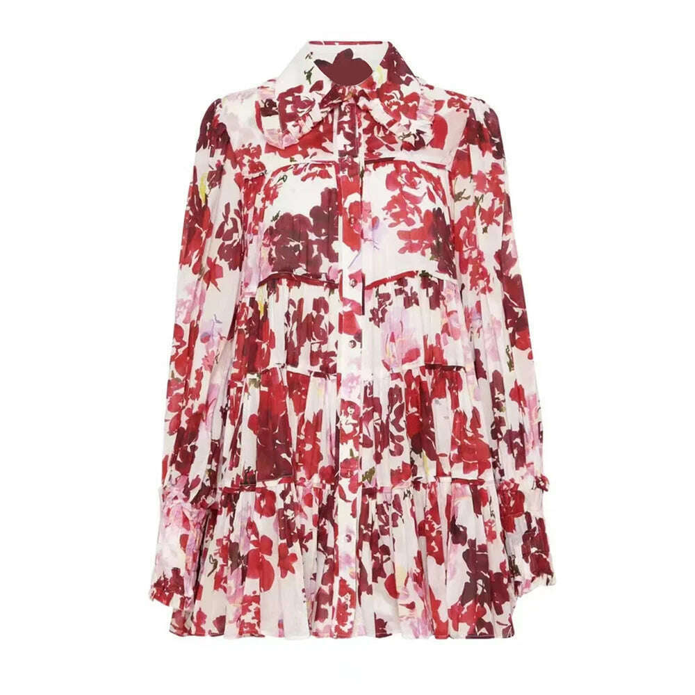 VGH Print Floral Mini Dress For Women Lapel Lantern Sleeve High Waist Colorblock Dresses Female Clothing Summer New Fashion 2022 - KIMLUD