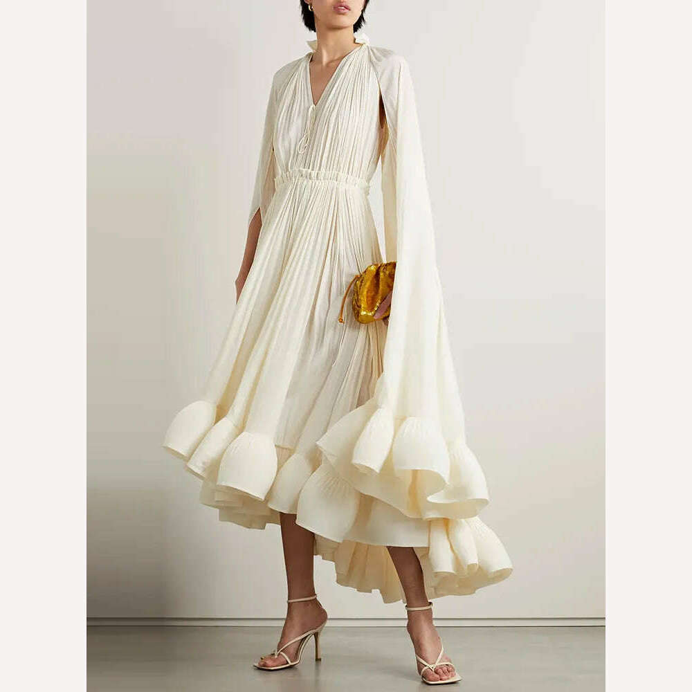 VGH Ruffles Irregular Solid Dresses For Women V Neck Cloak Sleeves High Waist Spliced Lace Up Loose Folds Dress Female Summer - KIMLUD