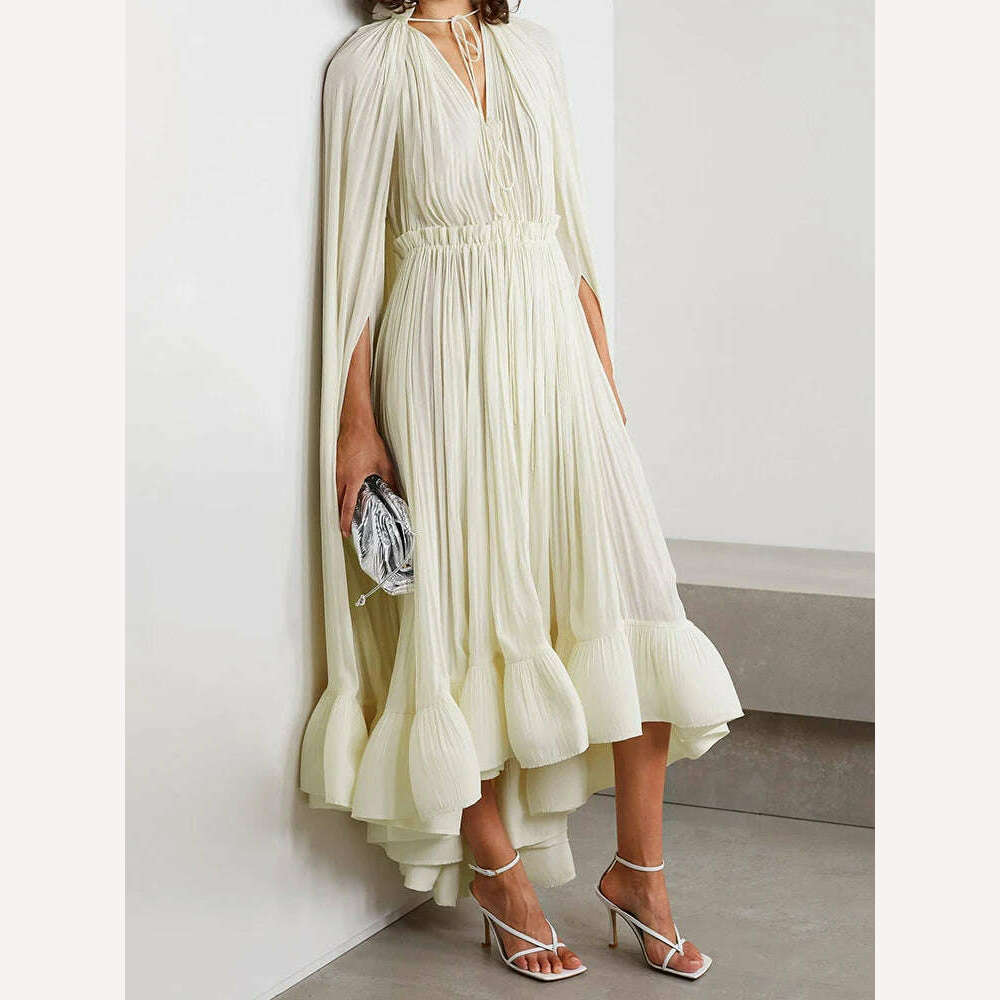 VGH Ruffles Irregular Solid Dresses For Women V Neck Cloak Sleeves High Waist Spliced Lace Up Loose Folds Dress Female Summer - KIMLUD