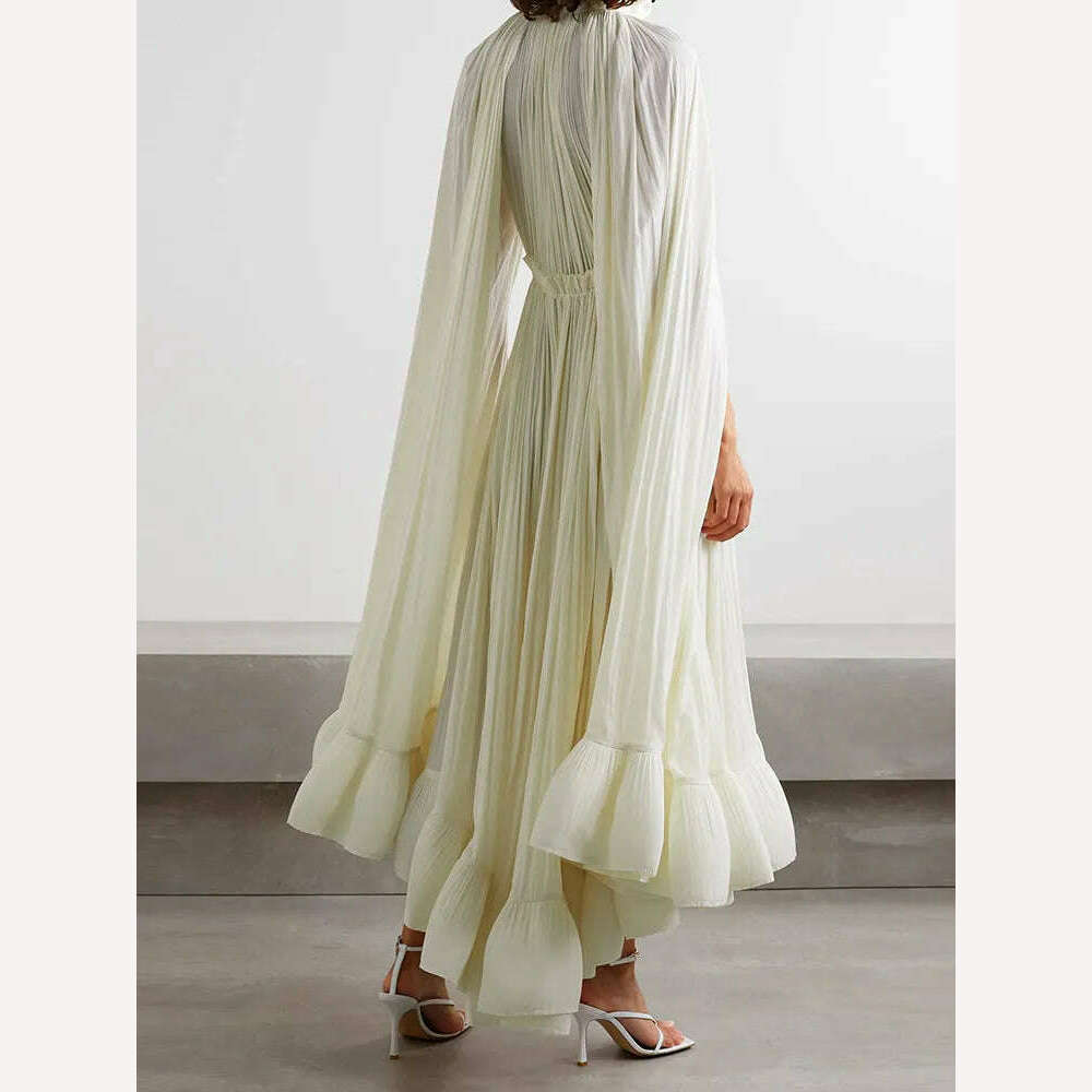 VGH Ruffles Irregular Solid Dresses For Women V Neck Cloak Sleeves High Waist Spliced Lace Up Loose Folds Dress Female Summer - KIMLUD
