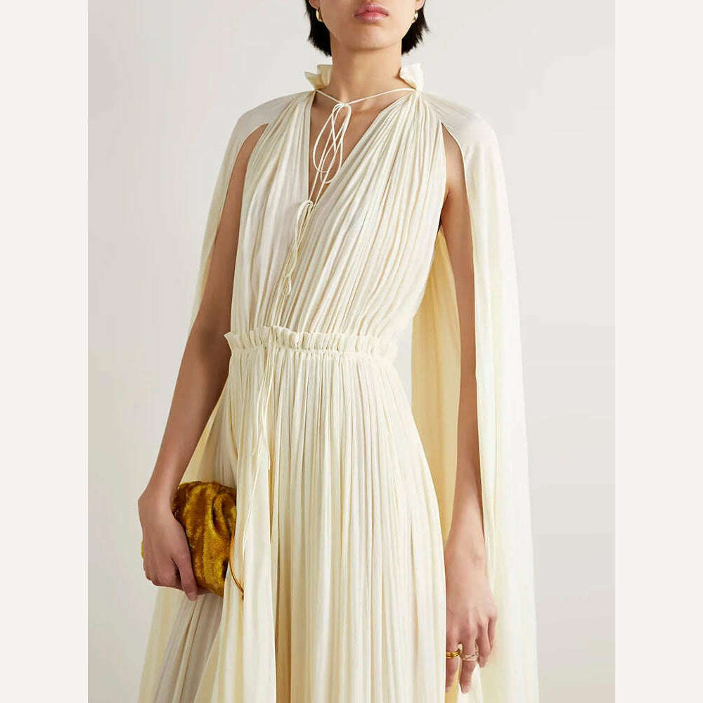 VGH Ruffles Irregular Solid Dresses For Women V Neck Cloak Sleeves High Waist Spliced Lace Up Loose Folds Dress Female Summer - KIMLUD