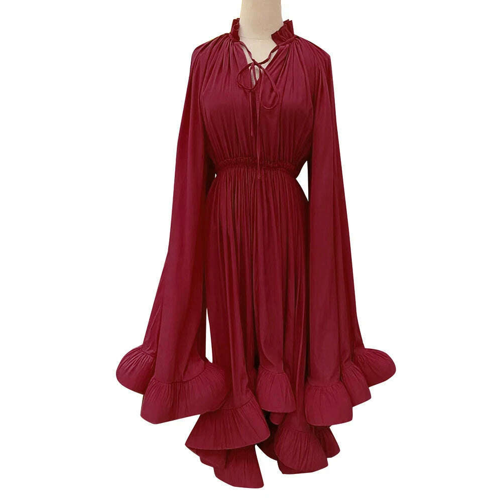 VGH Ruffles Irregular Solid Dresses For Women V Neck Cloak Sleeves High Waist Spliced Lace Up Loose Folds Dress Female Summer - KIMLUD