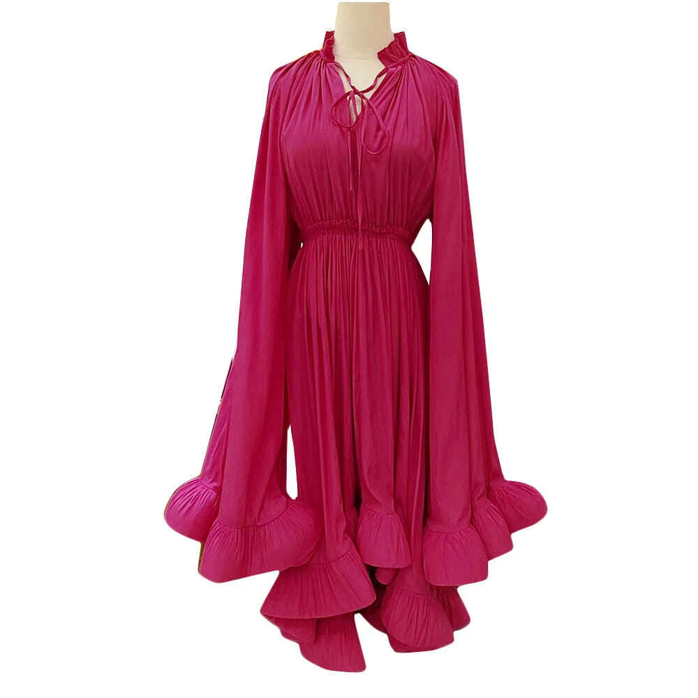 VGH Ruffles Irregular Solid Dresses For Women V Neck Cloak Sleeves High Waist Spliced Lace Up Loose Folds Dress Female Summer - KIMLUD