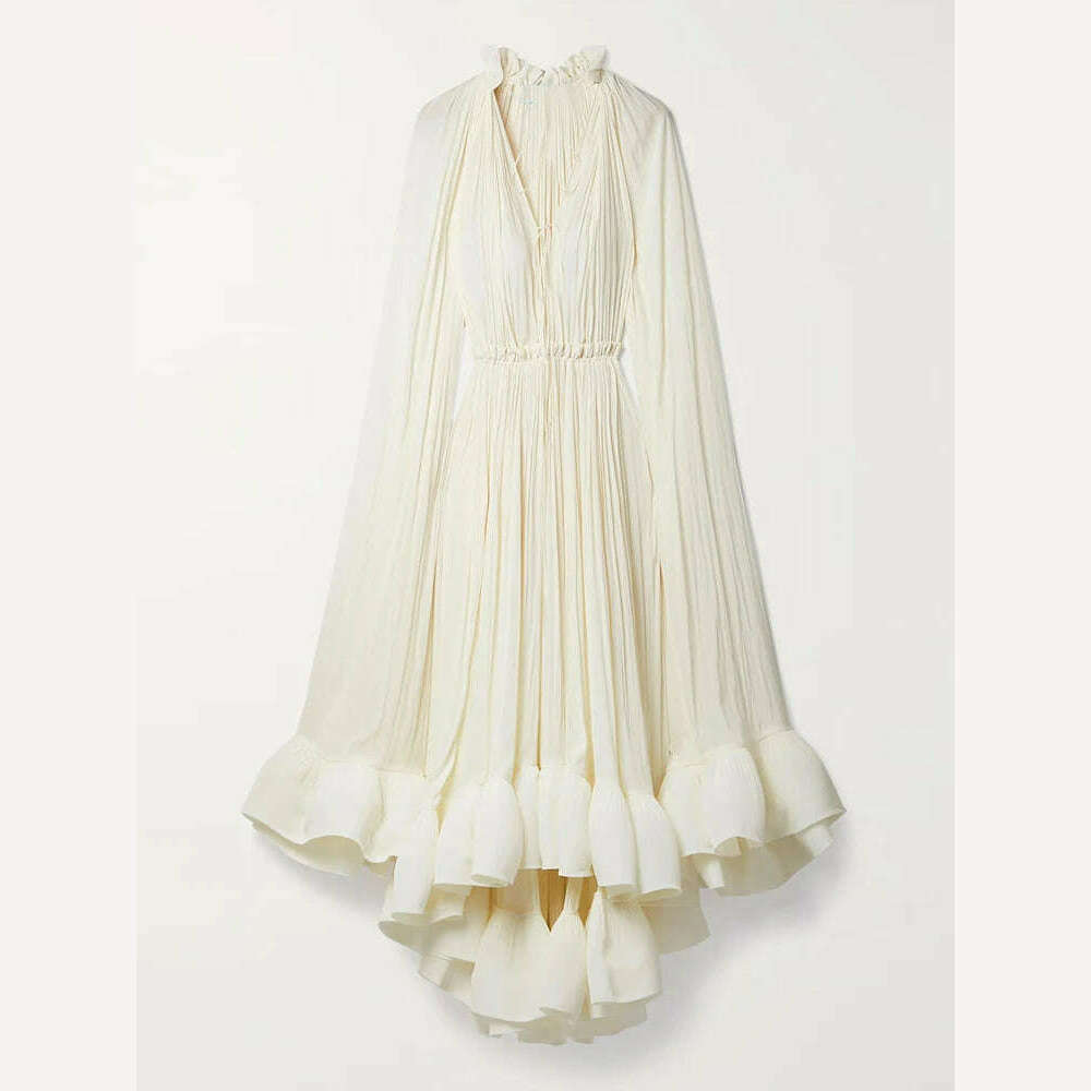 VGH Ruffles Irregular Solid Dresses For Women V Neck Cloak Sleeves High Waist Spliced Lace Up Loose Folds Dress Female Summer - KIMLUD