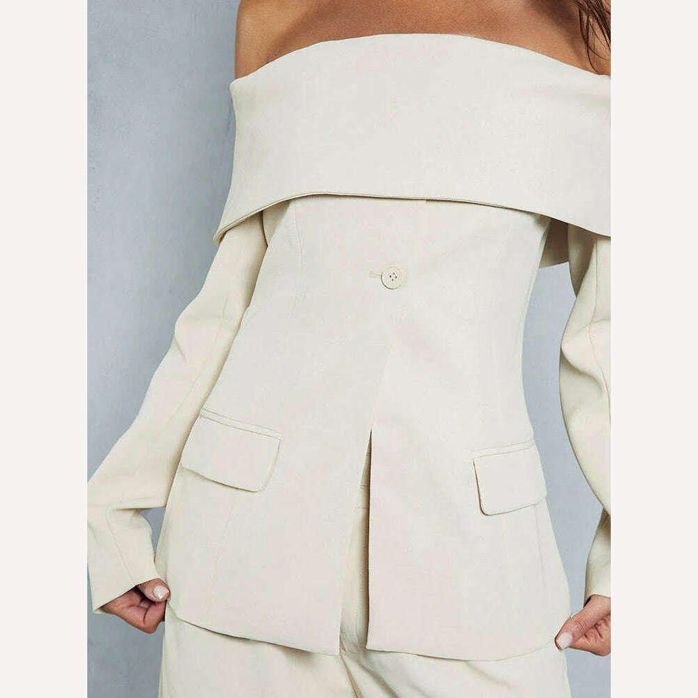 VGH Solid Minimalist Blazers For Women Slash Neck Long Sleeve Off Shoulder Spliced Button Temperament Blazer Female Fashion New - KIMLUD